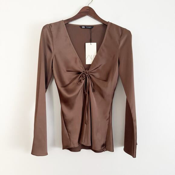 ZARA Satin Effect Tie Front Long Sleeve Blouse Top Brown Small S - Picture 3 of 9